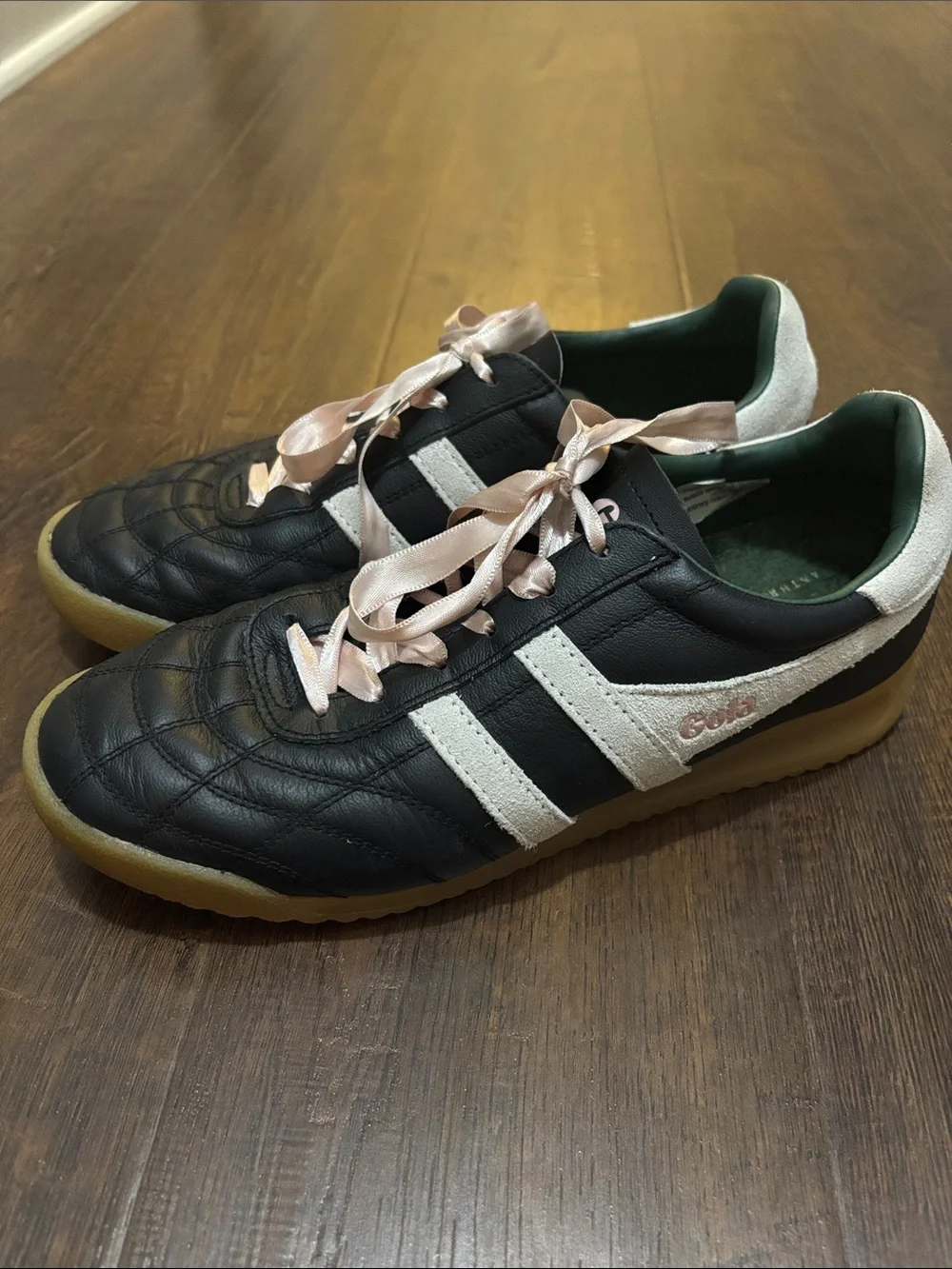 Gola x Anthropolgie Black Leather Sneakers with White Stripes &Pink Ribbon Laces